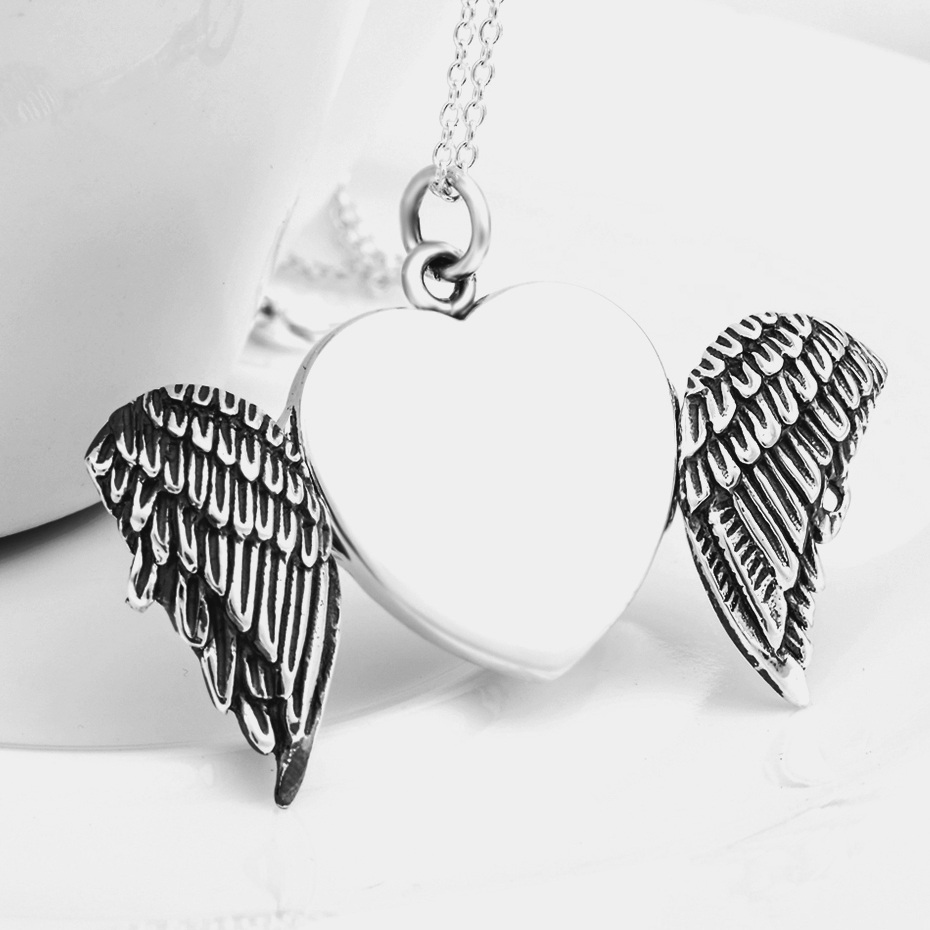 Sterling Silver Angel Wings Heart Personalized Photo Locket Necklace-4