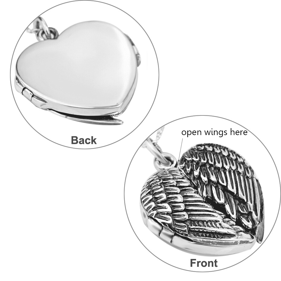 Sterling Silver Angel Wings Heart Personalized Photo Locket Necklace-5