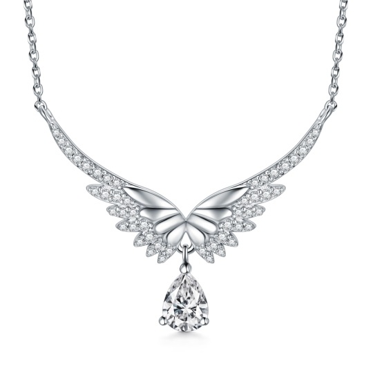 Sterling Silver Cubic Zirconia Angel Wings Pendant Necklace