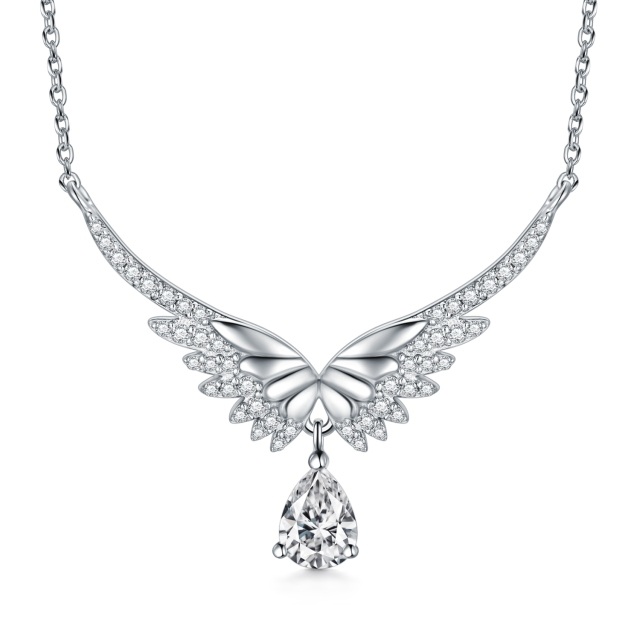 Sterling Silver Cubic Zirconia Angel Wings Pendant Necklace-1