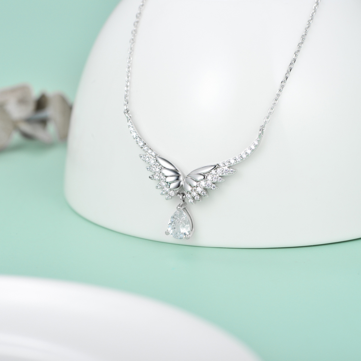 Sterling Silver Cubic Zirconia Angel Wings Pendant Necklace-4