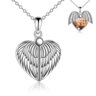 Sterling Silver Angel Wings Personalized Photo Locket Necklace with Engraved Word-55