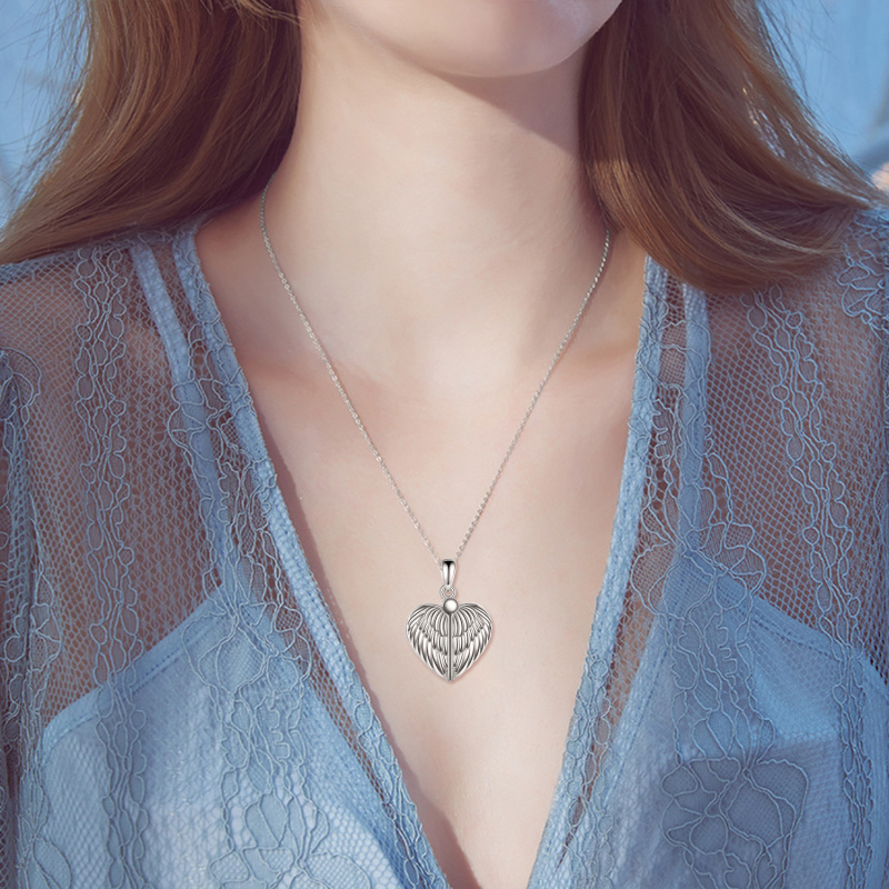 Sterling Silver Angel Wings Personalized Photo Locket Necklace with Engraved Word-2