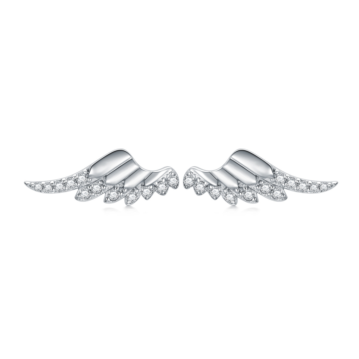 Sterling Silver Round Cubic Zirconia Angel Wings Stud Earrings-1