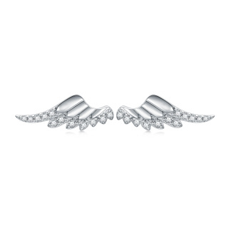 Sterling Silver Round Cubic Zirconia Angel Wings Stud Earrings-36