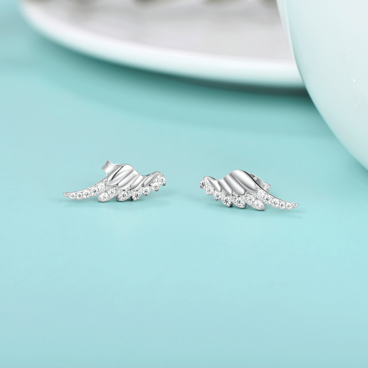 Sterling Silver Round Cubic Zirconia Angel Wings Stud Earrings-3