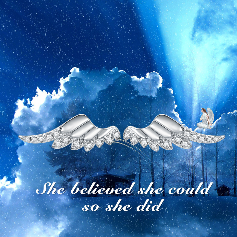 Brincos de pino redondos de zircônia cúbica de prata esterlina com asas de anjo-6