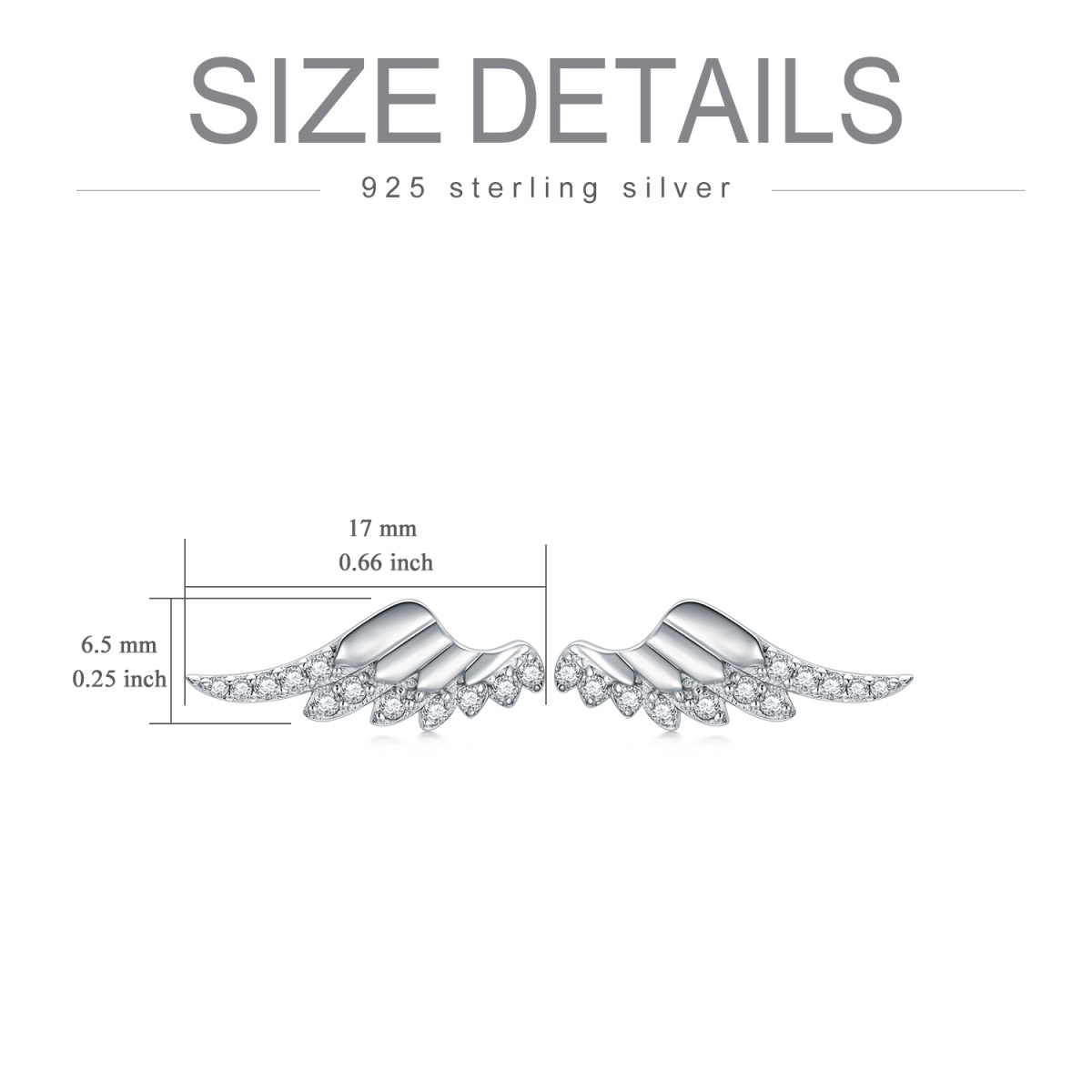 Sterling Silver Round Cubic Zirconia Angel Wings Stud Earrings-5