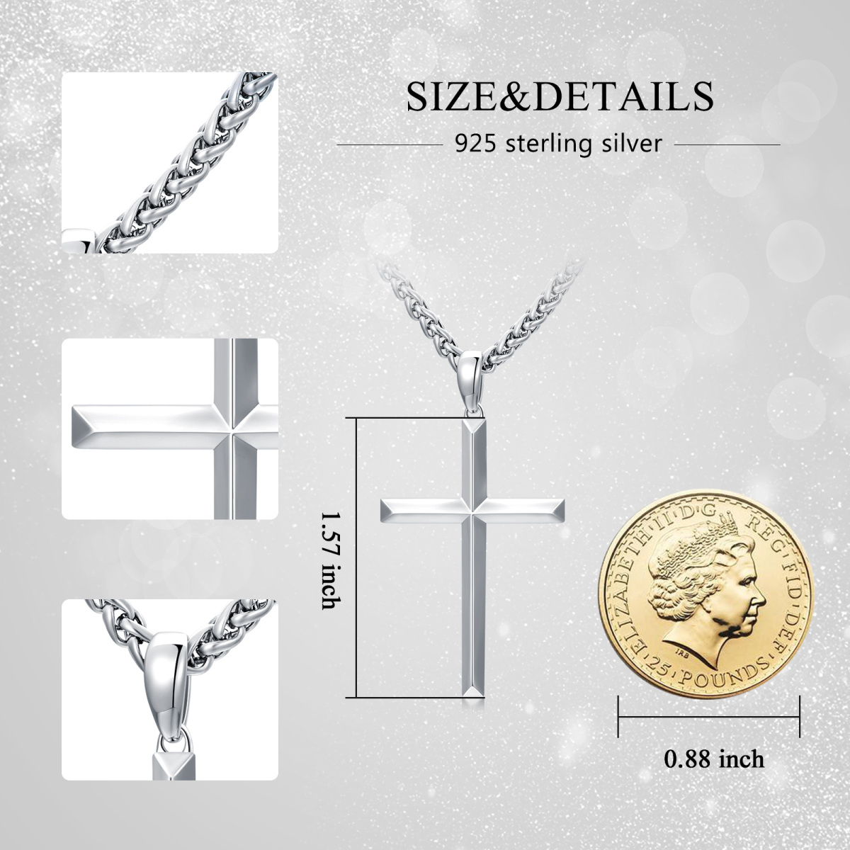 Sterling Silver Angular Cross Pendant Necklace for Men-5