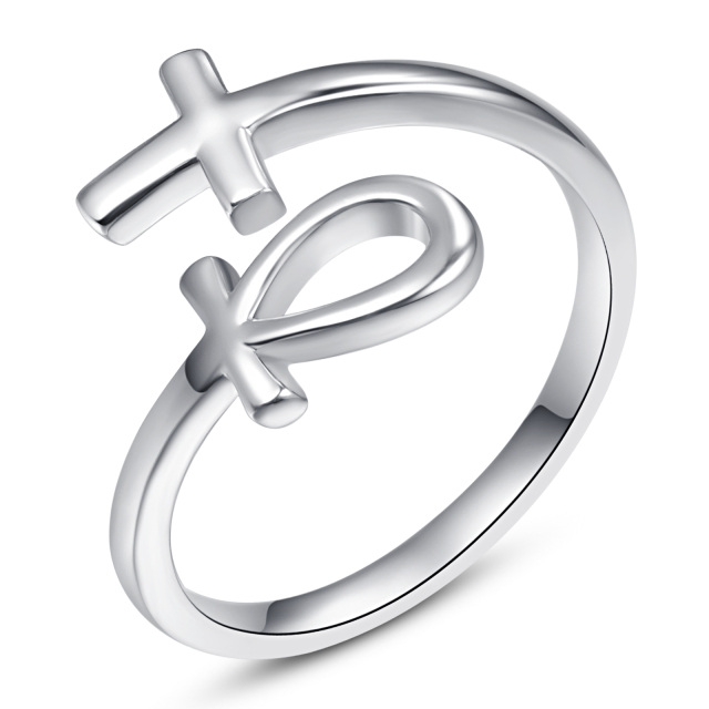 Anello aperto Ankh e Croce in argento sterling-1