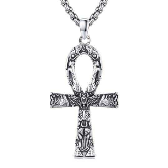 Sterling Silver Ankh Egyptian Runes Amulet Pendant Necklace for Men