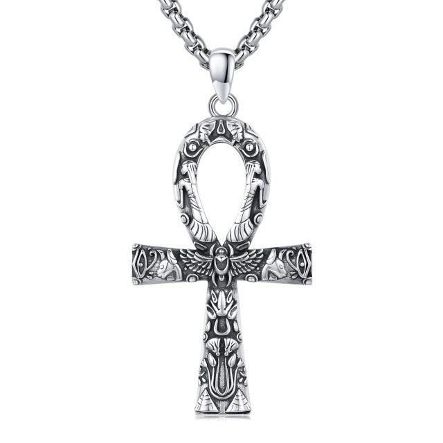 Sterling Silver Ankh Egyptian Runes Amulet Pendant Necklace for Men-1