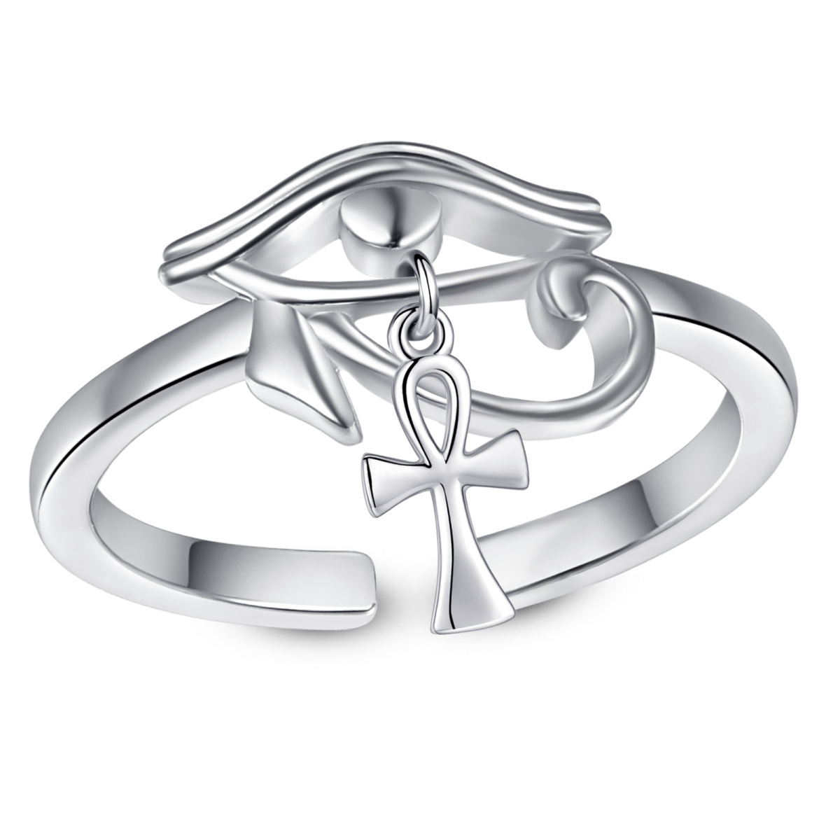 Anello aperto Ankh e Occhio di Horus in argento sterling-1