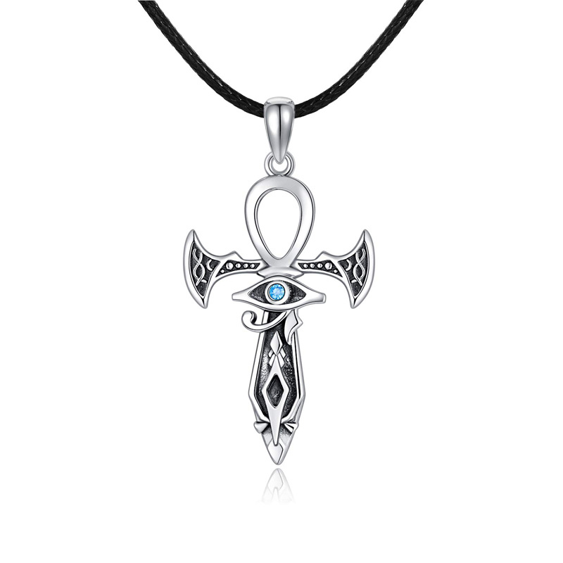 Ankh de plata de ley de circonio cúbico y ojo de Horus collar colgante-1