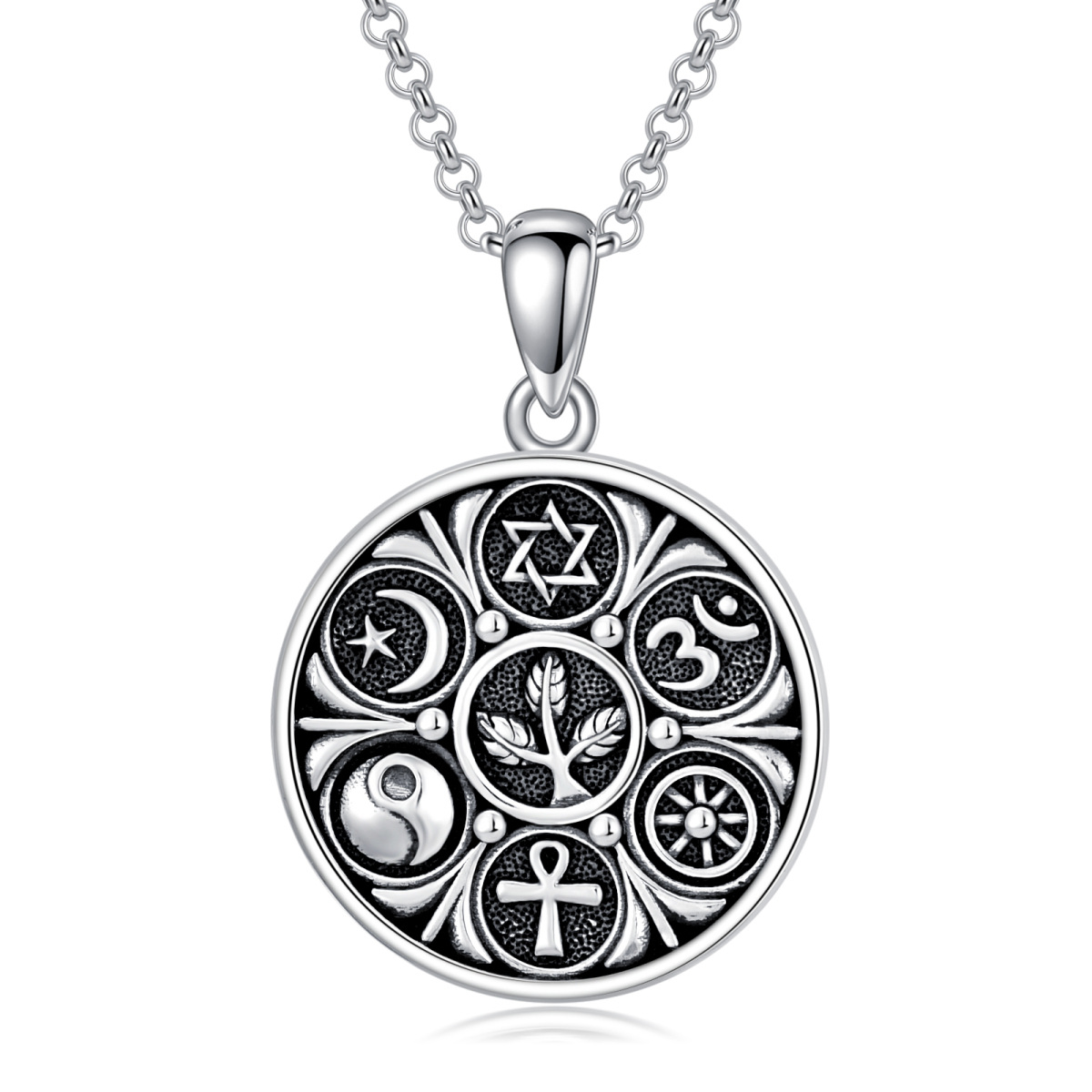 Sterling Silver Ankh Ohm Star Of David And Yin Yang Pendant Necklace For Unisex-1