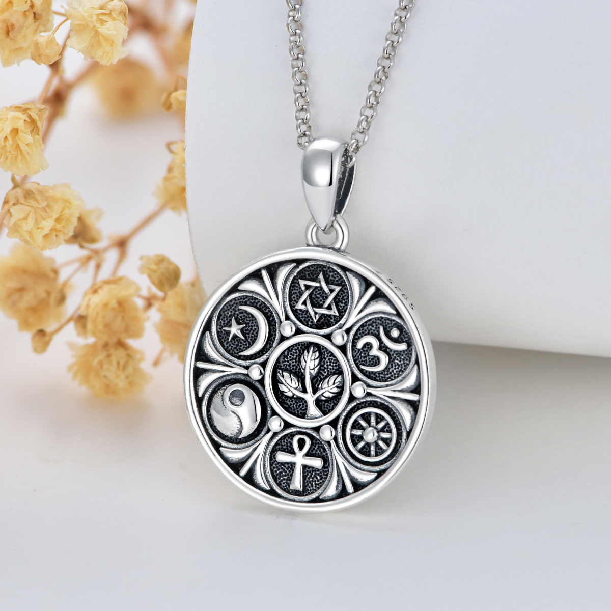 Sterling Silver Ankh Ohm Star Of David And Yin Yang Pendant Necklace For Unisex-3