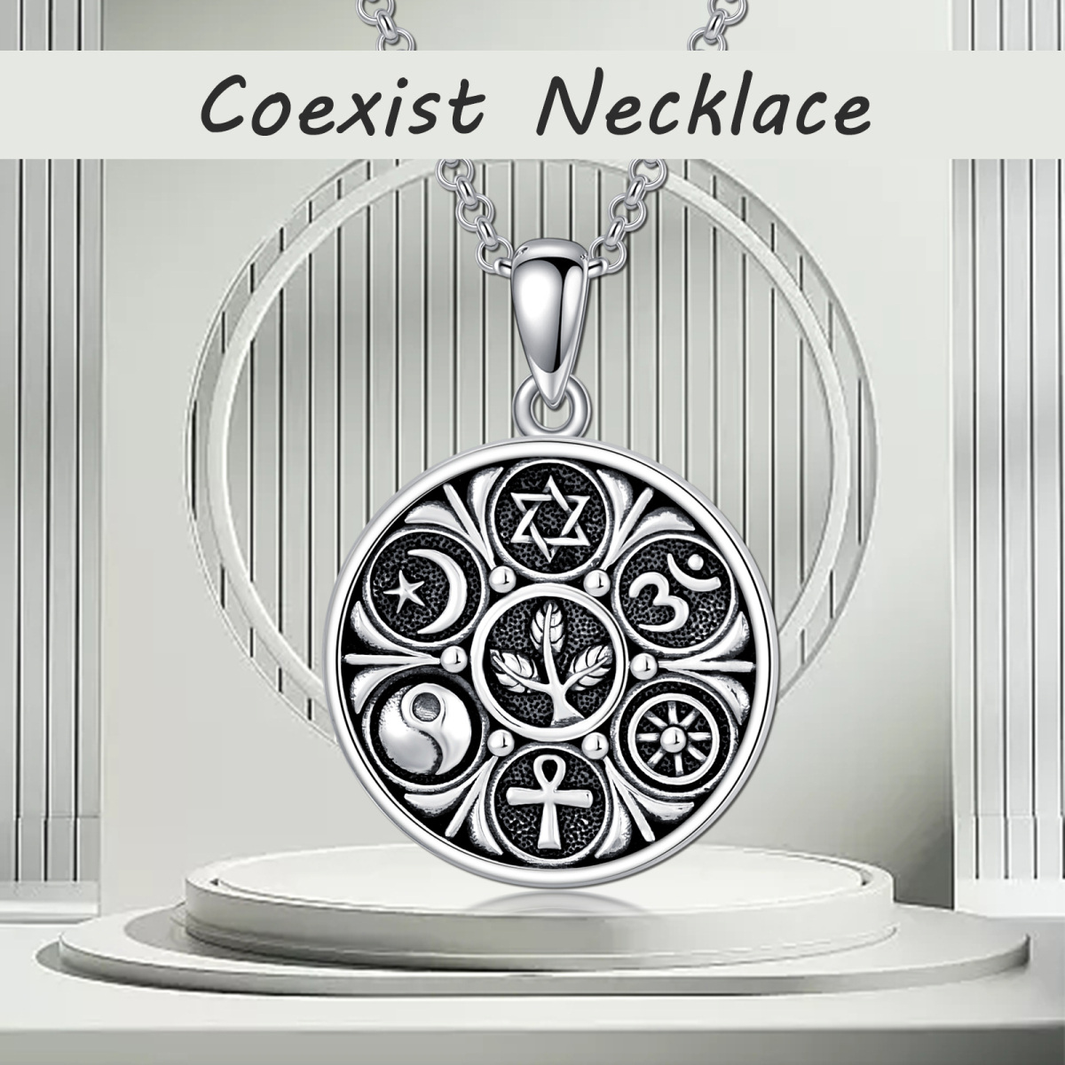 Sterling Silver Ankh Ohm Star Of David And Yin Yang Pendant Necklace For Unisex-6