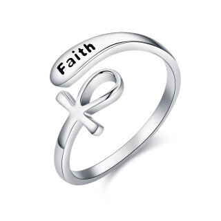 Sterling Silver Ankh Open Ring with Engraved Word-15