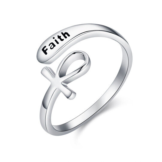 Sterling Silver Ankh Open Ring with Engraved Word