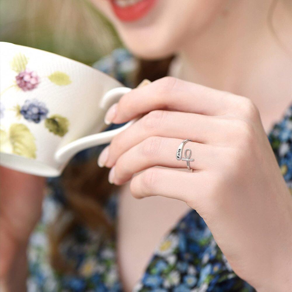 Sterling Silver Ankh Open Ring with Engraved Word-2