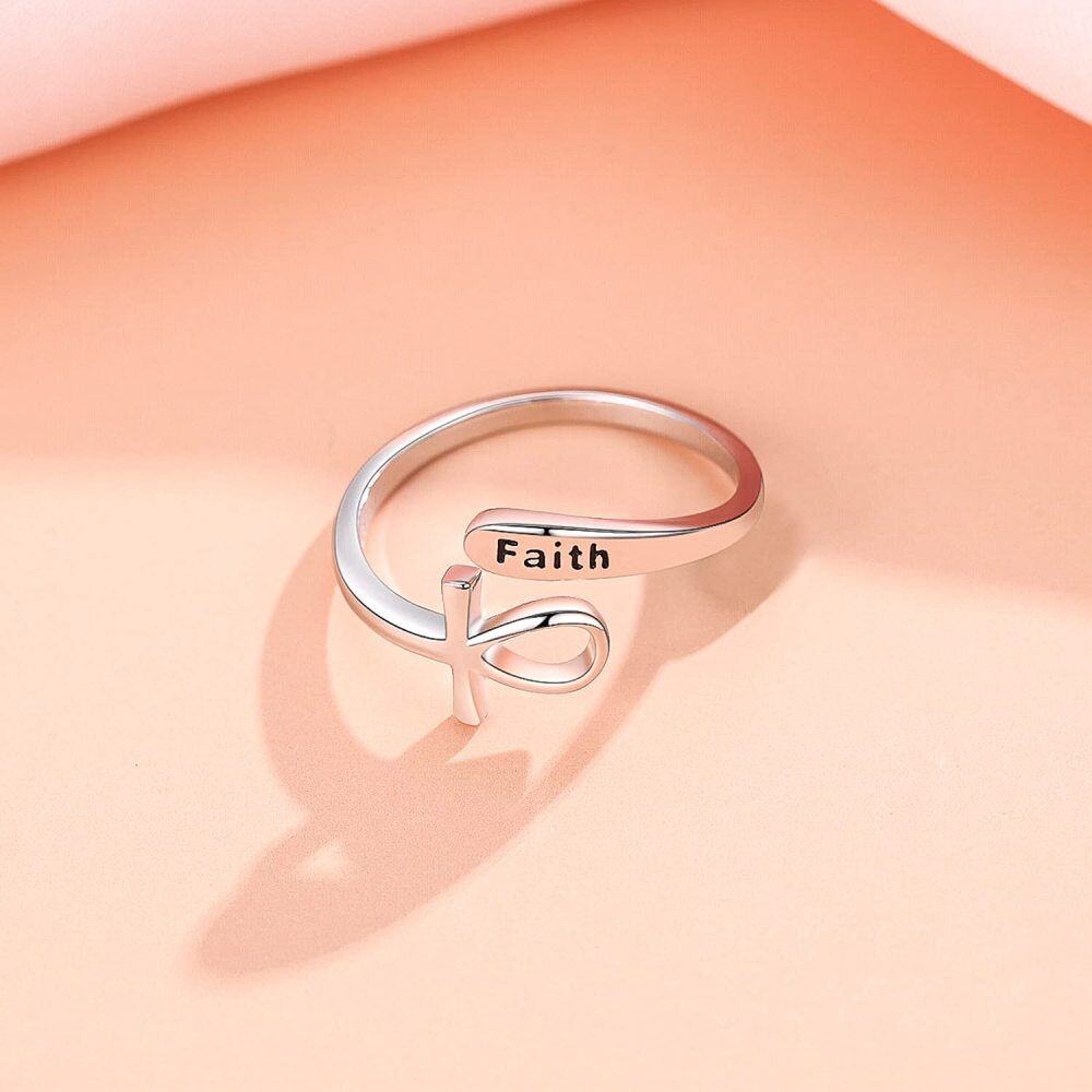 Sterling Silver Ankh Open Ring with Engraved Word-4