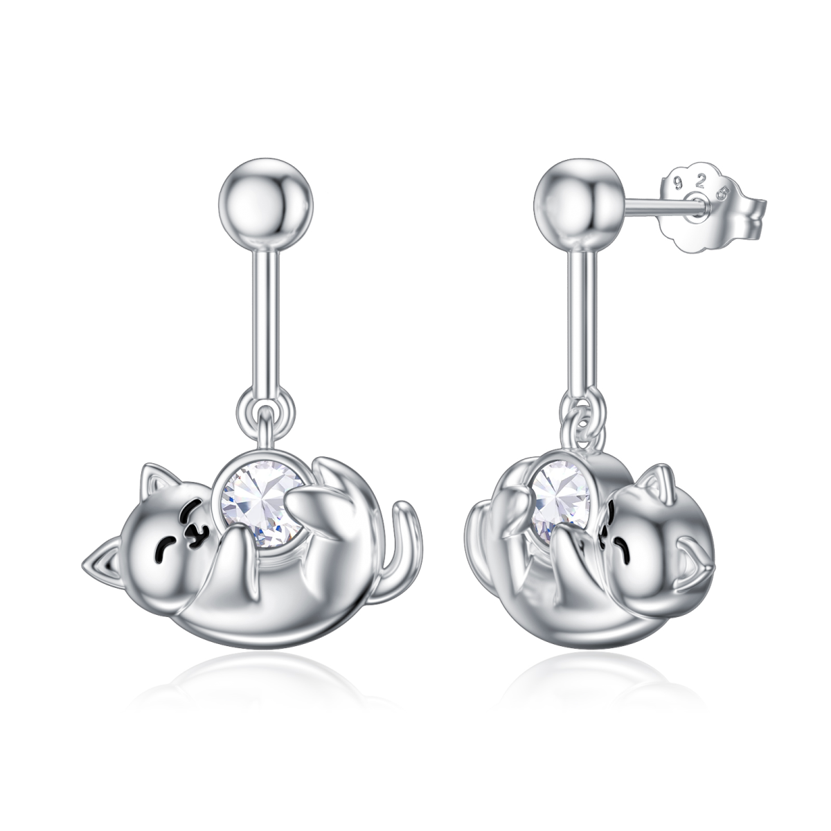 Sterling Silver April Birthstone Clear Cubic Zirconia Cat Stud Earrings for Girls Women-1