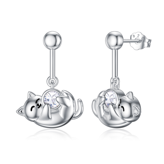 Sterling Silver April Birthstone Clear Cubic Zirconia Cat Stud Earrings for Girls Women