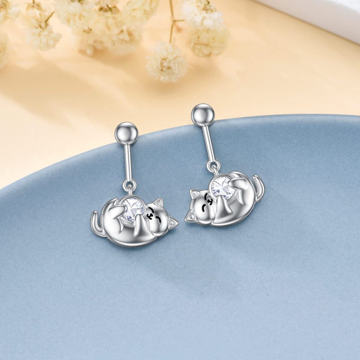 Sterling Silver April Birthstone Clear Cubic Zirconia Cat Stud Earrings for Girls Women-3