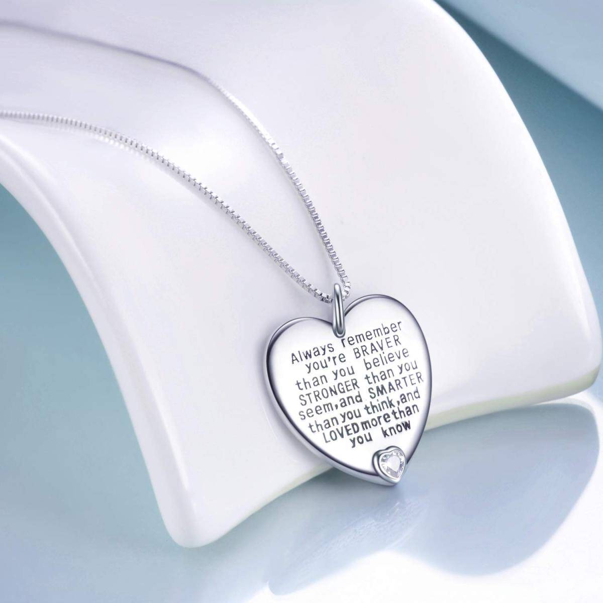 Sterling Silver April Birthstone Cubic Zirconia Heart Pendant Inspirational Necklace-3