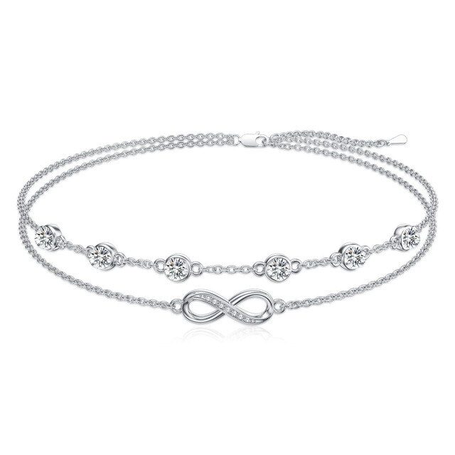 Sterling Silver Cubic Zirconia April Birthstone Infinity Symbol Multi-layered Anklet-1