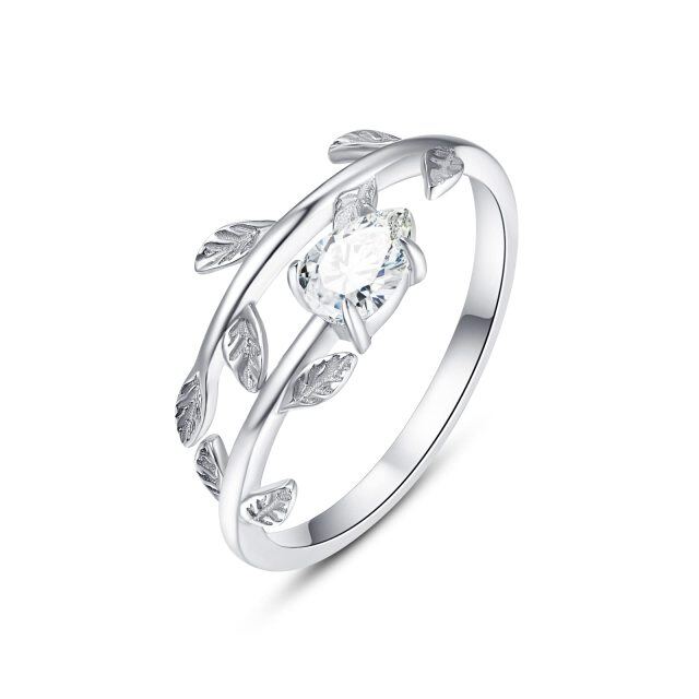 Sterling Silver April Birthstone Pear Cubic Zirconia Leaves Open Ring-1