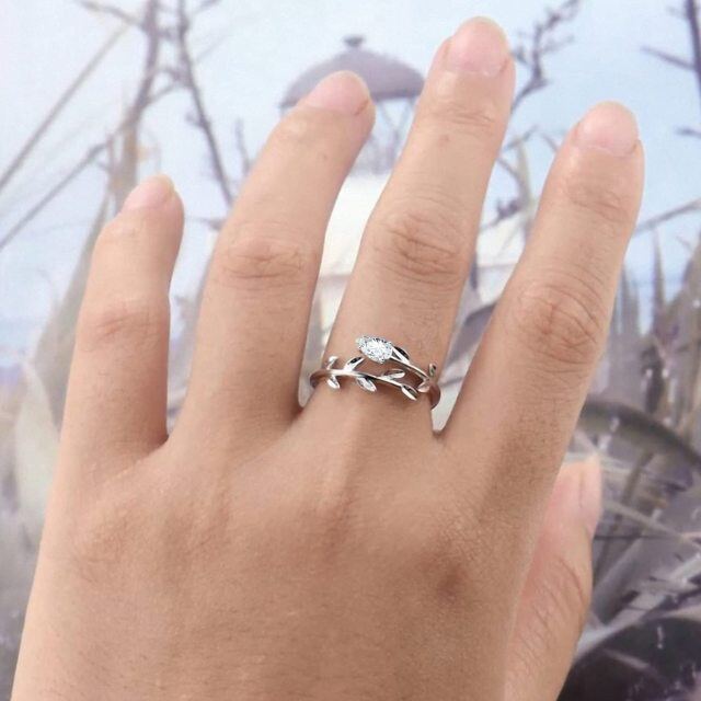 Offener Ring aus Sterlingsilber mit Geburtsstein für April und Blättern in Birnenform mit Zirkonia-2