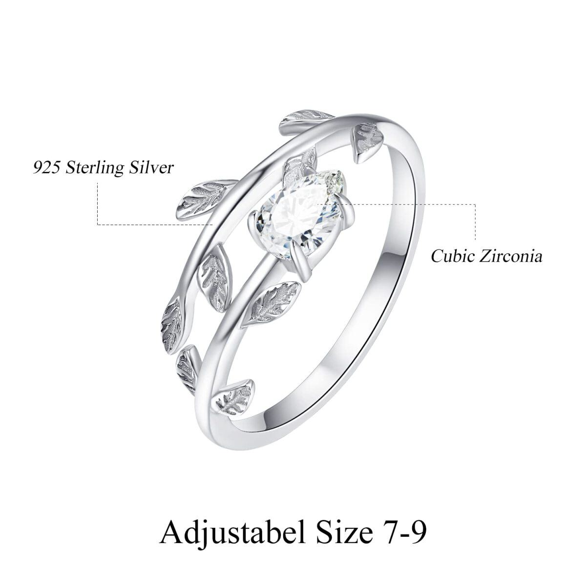 Sterling Silver April Birthstone Pear Cubic Zirconia Leaves Open Ring-4