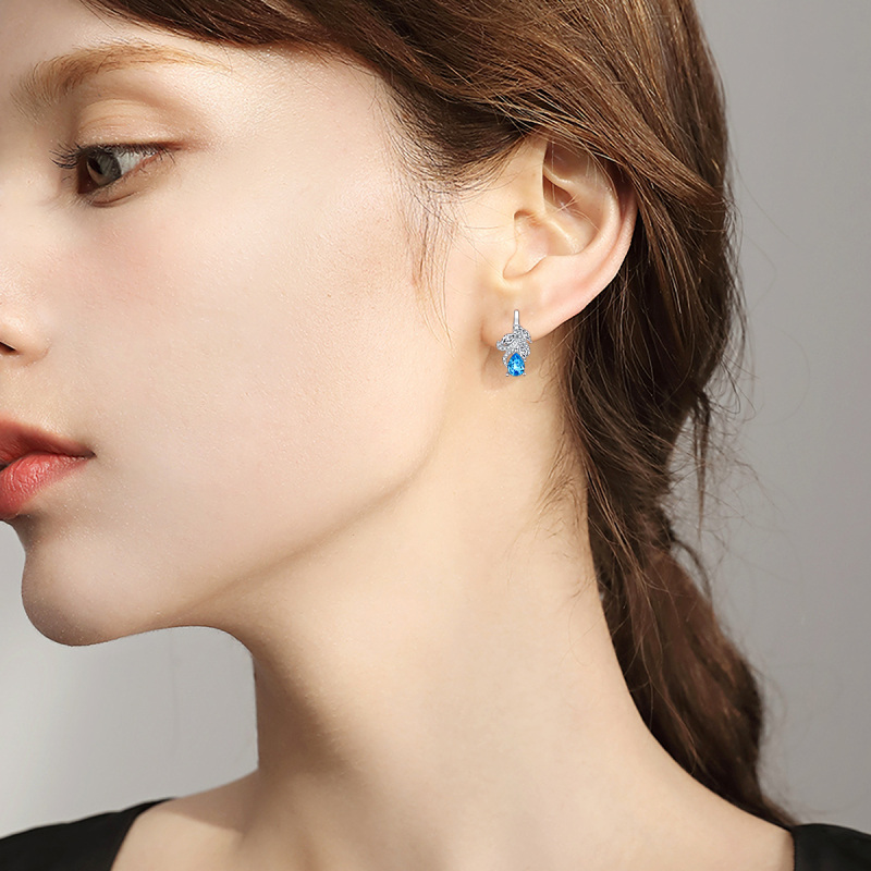 Sterling Silver Crystal Drop Shape Lever-back Earrings-2