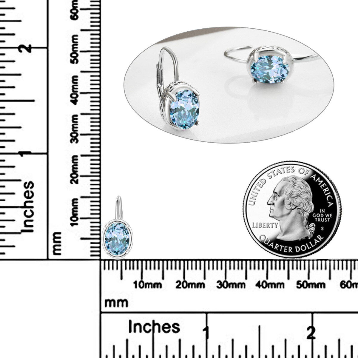 Sterling Silver Aquamarine Oval Shaped Lever-back Earrings-5