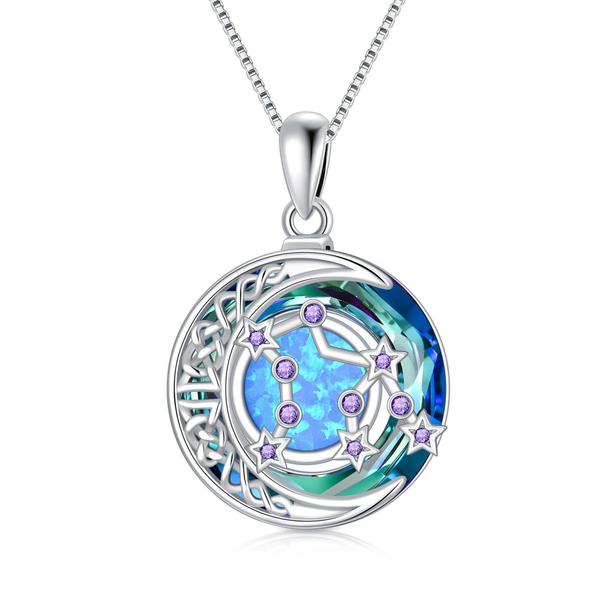 Sterling Silver Aquarius Circular Opal With Crystal Pendant Necklace-1