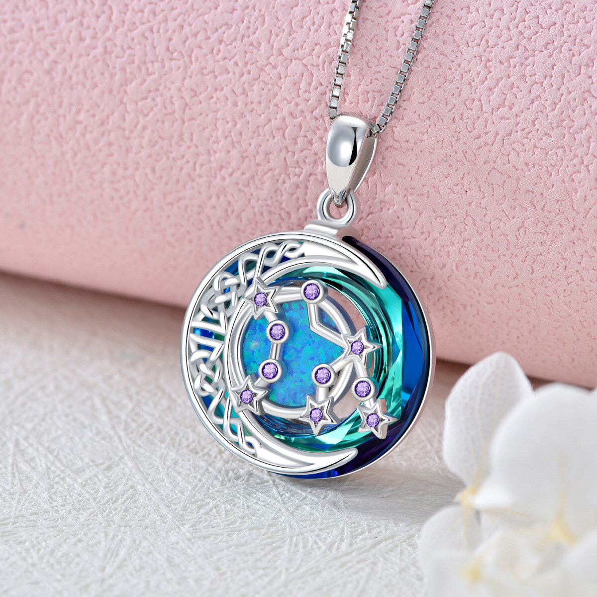 Sterling Silver Aquarius Circular Opal With Crystal Pendant Necklace-3