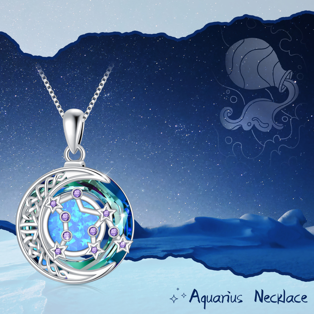 Collier pendentif en argent sterling avec opale circulaire Aquarius et cristal-6