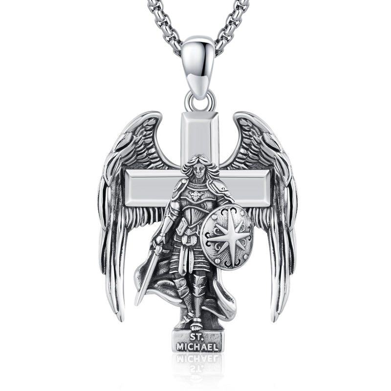 Sterling Silver Archangel Saint Michael Cross Pendant Necklace for Men