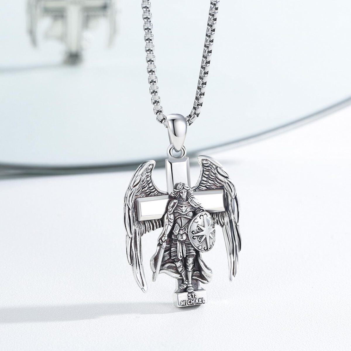 Sterling Silver Archangel Saint Michael Cross Pendant Necklace for Men-4