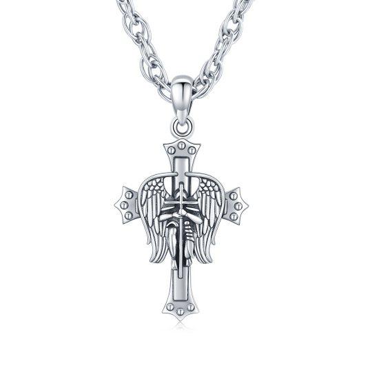 Sterling Silver Archangel Saint Michael Cross Pendant Necklace for Men