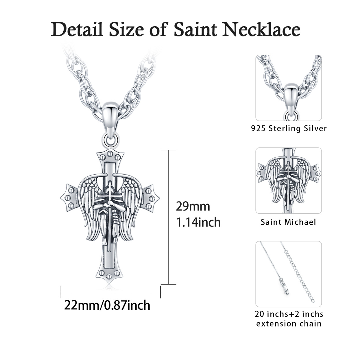 Sterling Silver Archangel Saint Michael Cross Pendant Necklace for Men-6