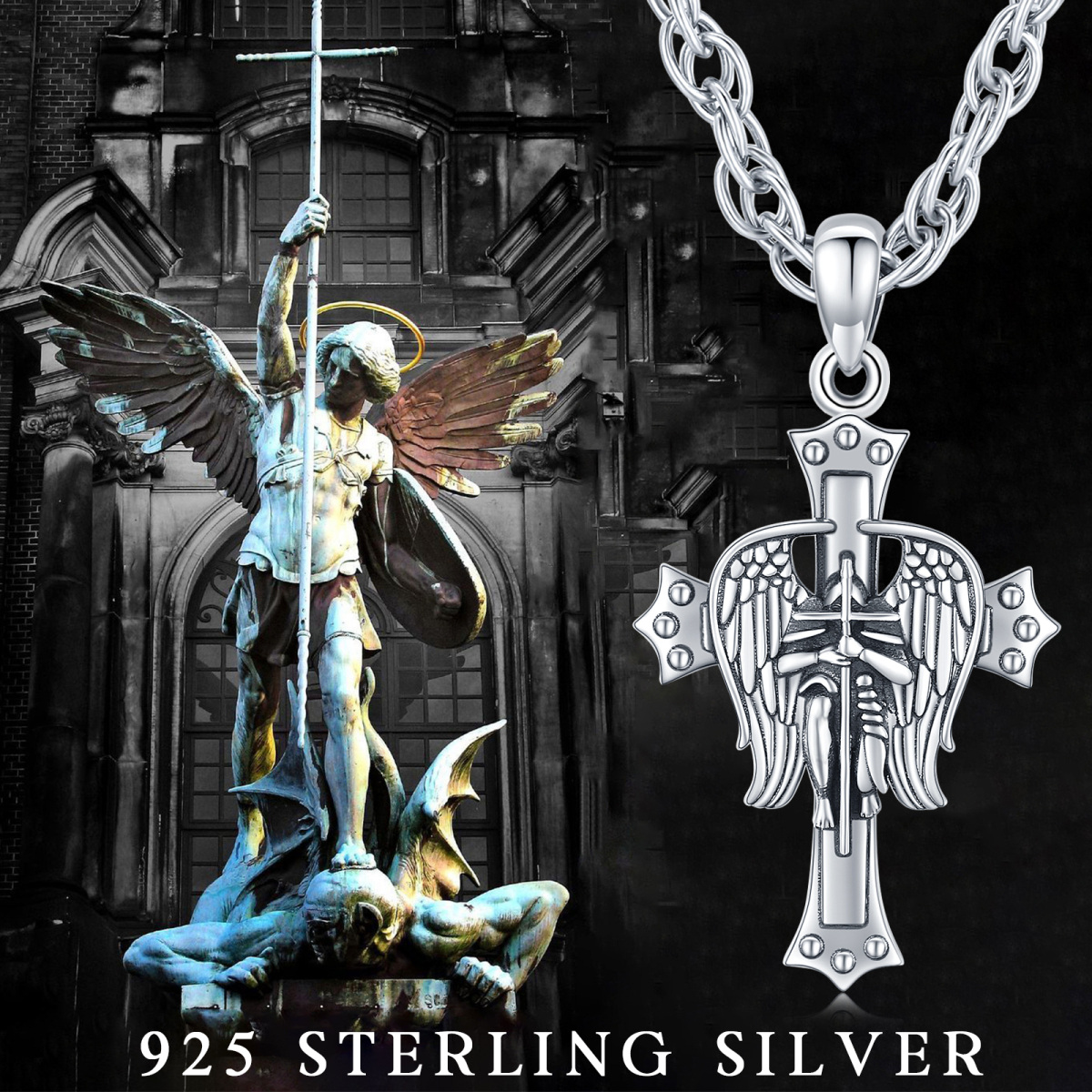 Sterling Silver Archangel Saint Michael Cross Pendant Necklace for Men-7