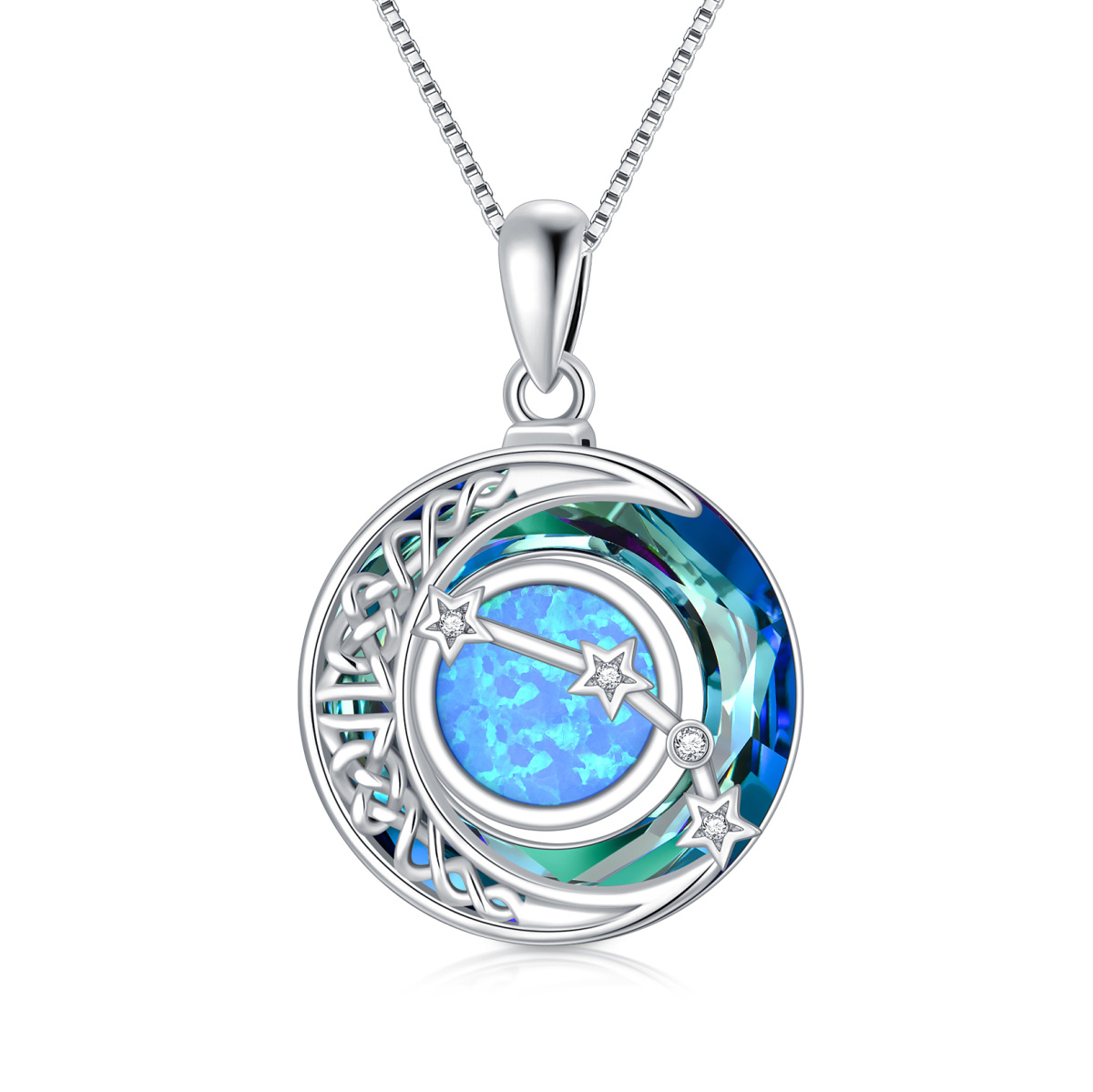 Sterling Silver Aries Circular Opal With Crystal Pendant Necklace-1