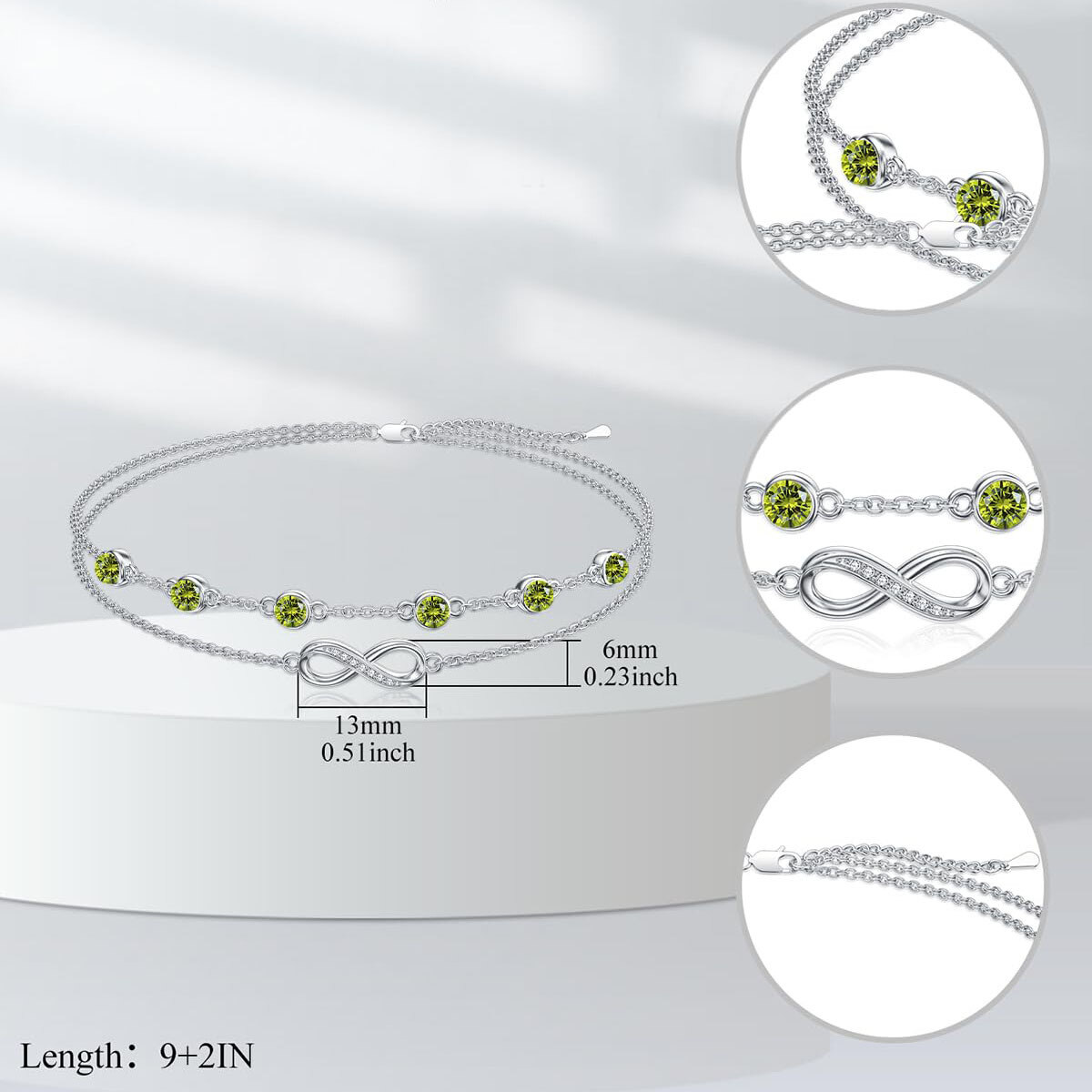 Bracelet de cheville multicouche en argent sterling avec pierre de naissance d'août et zircone cubique symbole de l'infini-4