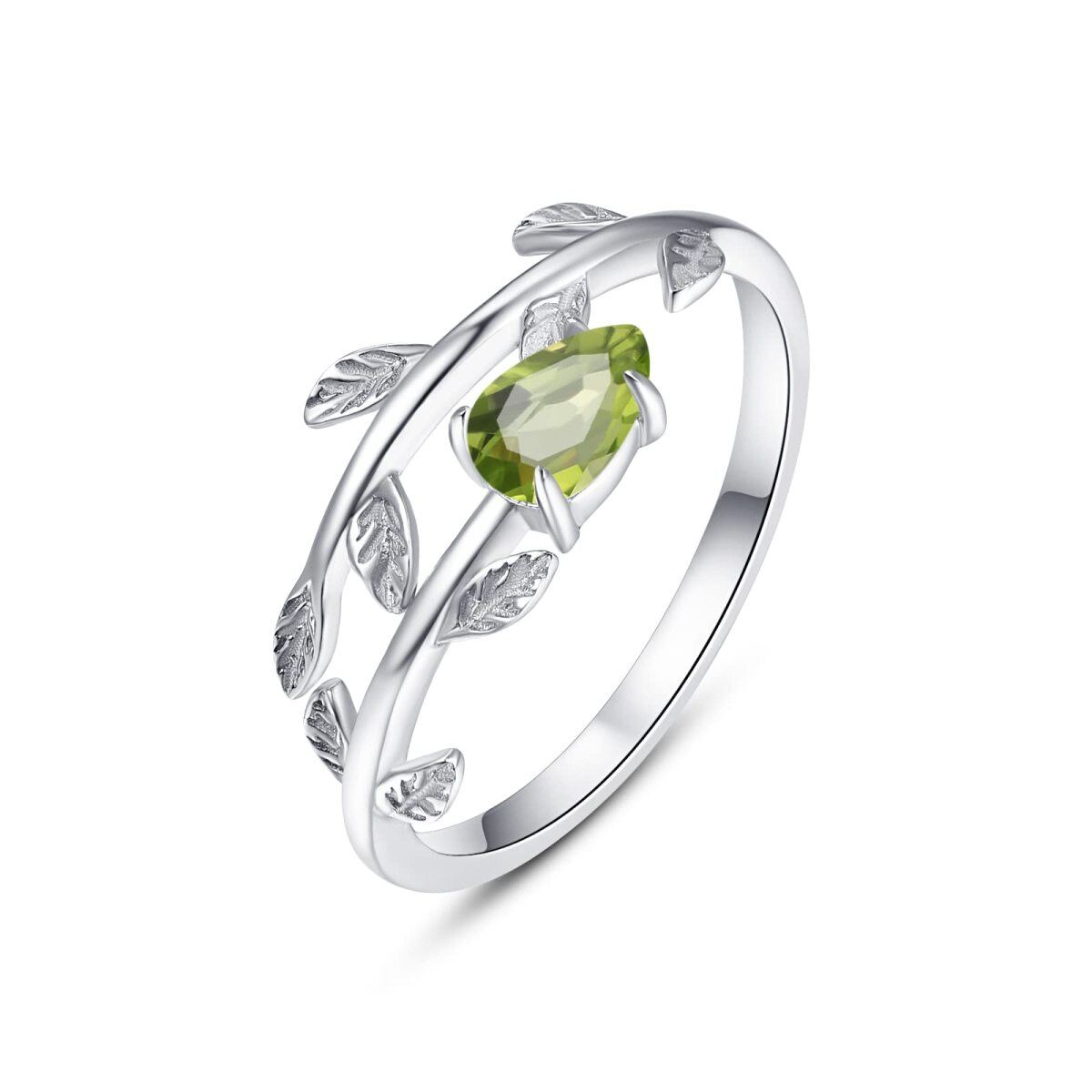 Sterling Silver August Birthstone Pear Cubic Zirconia Leaves Open Ring-1