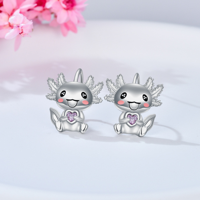 Sterling Silver Cubic Zirconia Axolotl Lever-back Earrings-3