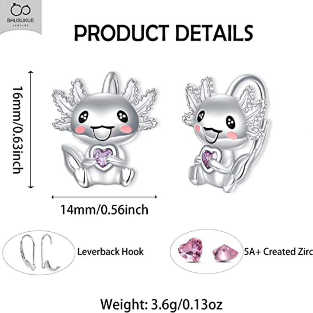 Boucles d'oreilles dormeuses Axolotl en argent sterling et oxyde de zirconium-5