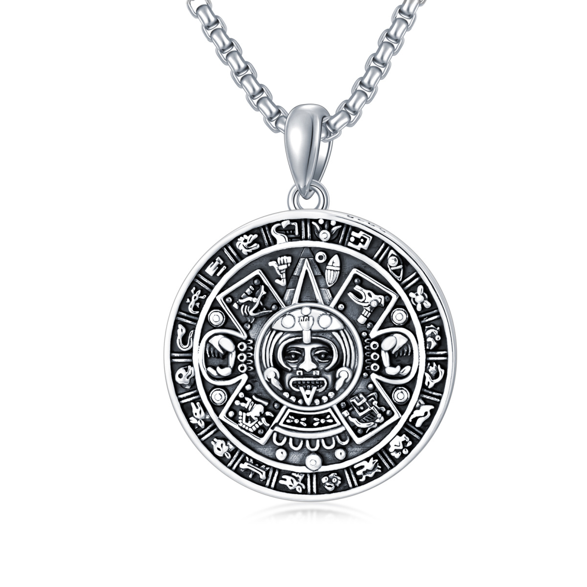 Sterling Silver Aztec Calendar Pendant Necklace for Men-1