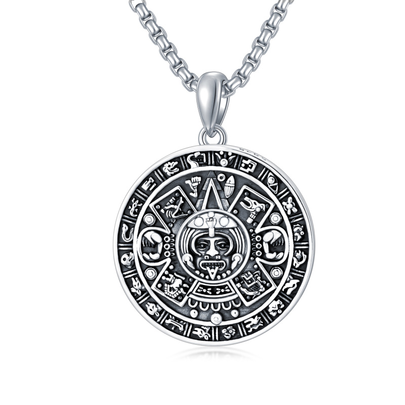 Sterling Silver Aztec Calendar Pendant Necklace for Men-2